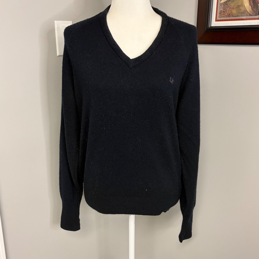 Vintage Christian Dior V-Neck Sweater Navy Blue Orlon Acrylic Made in USA Small